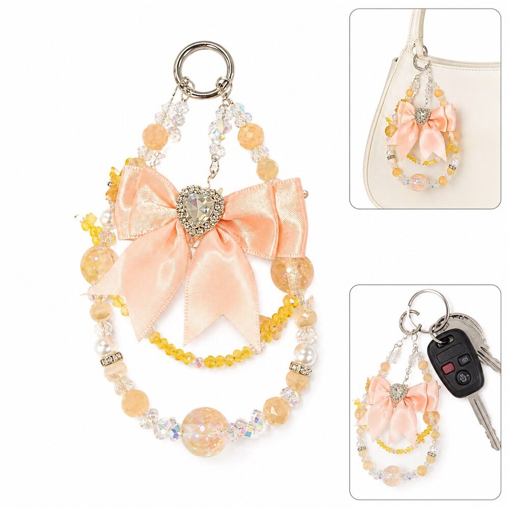 Peach Bow Beaded Keychain Purse Charm Heart Crystal bling Pearl handmade gift
